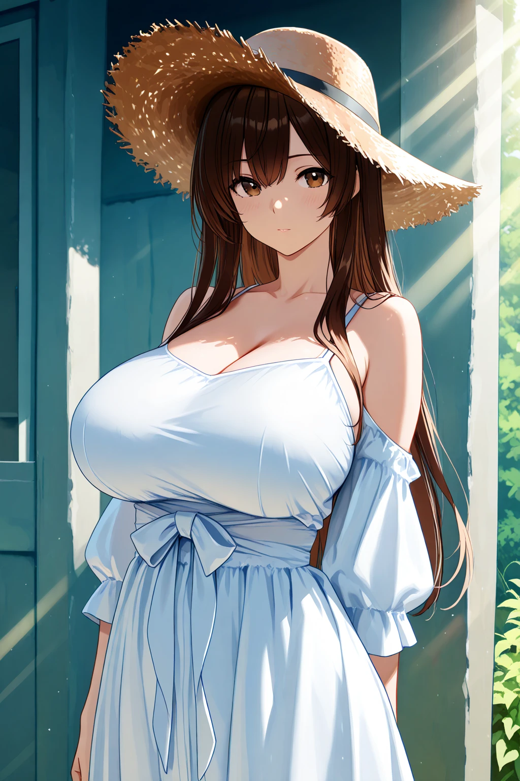 masterpiece, best quality, finely detailed, high resolution, extremely delicate and beautiful, dim light, best shadow, cowboy shot, 1girl, sleepy eyes, (huge breasts:1.4), (cleavage), bright skin, (oversized T shirt:1.2), (pantless), cowboy shot