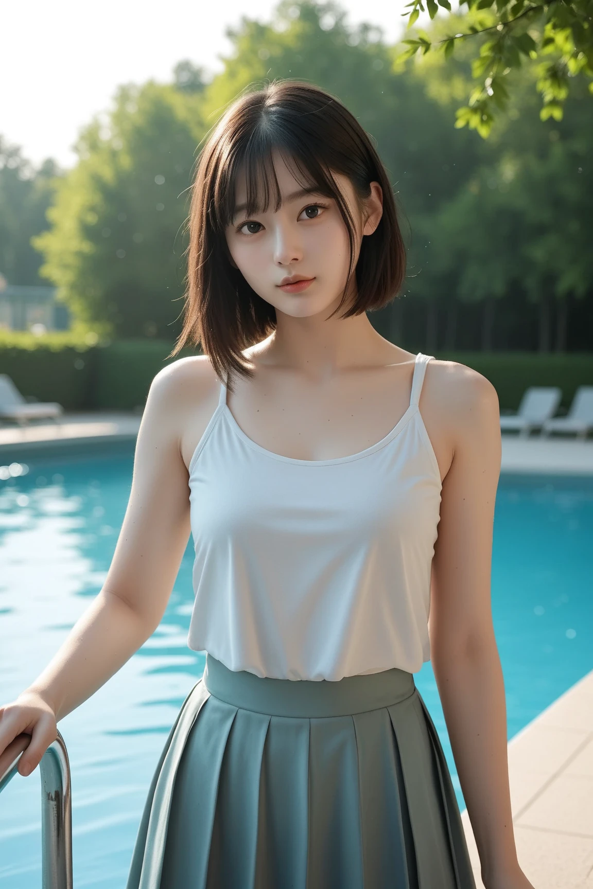 ((Best of the highest quality, 8k, Masterpiece: 1.3, raw photo)), Sharp focus: 1.2, (1 AESPA, female, 21 y/o: 1.1), (Solo: 1.18), (realistic, photo-realistic:1.37), face focus, cute face, finely eyes, (Small breasts, flat chest, Thigh: 1.2), (neat silk camisole, business skirt: 1.4), (short messy hair, updo: 1.2), sitting in the pool, flower