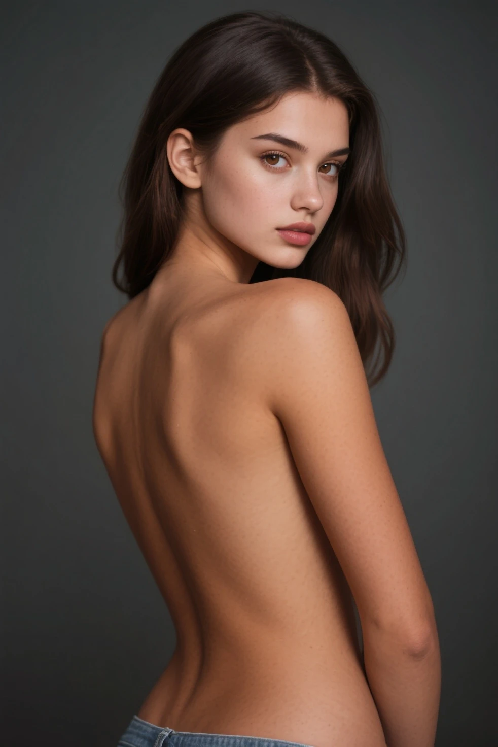 score_9, score_8_up, score_7_up, score_6_up, score_5_up, score_4_up, realistic style, photo, photorealistic, high detail, from behind, photo of a skinny brunette, long black hair, straight hair, skinny build, small breasts, completely naked, black blindfold, hands tied with rope, stands with her back to the viewer in the middle of a dark room, dark lighting, BDSM photo, tag1, tag2