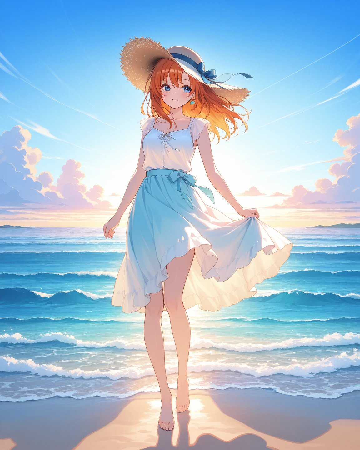 Générez une image réaliste de style anime de Nami à partir de One Piece. Capturez votre look distinctif avec des cheveux orange, une chemise rayée bleue et blanche, et une expression joyeuse. Assurez-vous que l'image reflète votre personnalité aventureuse et confiante, telle que représentée dans l'anime.., plan large , tout le corps, Curviligne athlétique, grande poitrine, cuisses épaisses, ass.