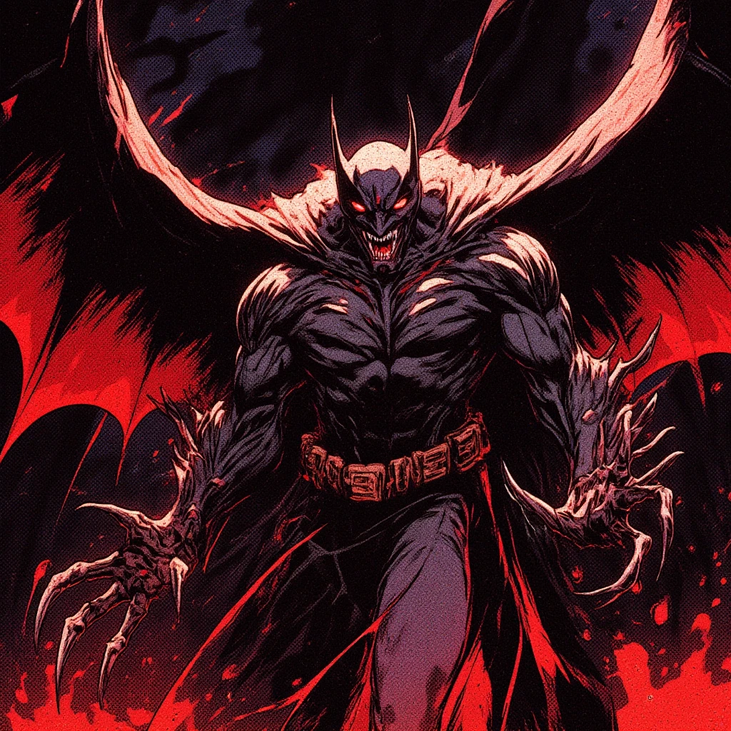 Demon man with angry face, bat wings, skulls and full body in fighting position