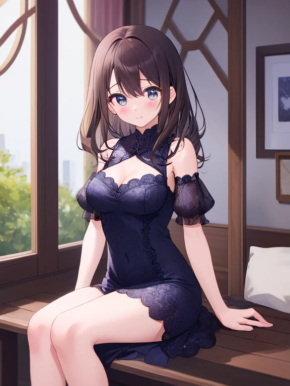 ((masterpiece)), (Highest quality、16K), (Simple style), Big Breasts, Swinging Big , Wearing a face stolen from someone else, No sleeve, Sleeveless, Off the shoulder, Black Dress, Short skirt, Pleated lace, Lace dress, Dark blue knee socks. whole body, Luxurious Room, NSFW