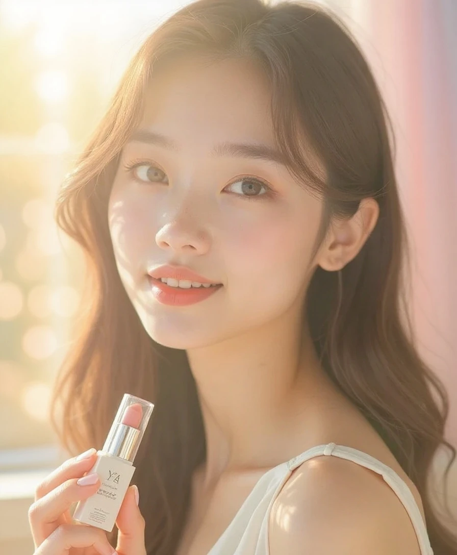 I want to create a full-body image of a young Korean woman.。She is an exclusive model for a cosmetics brand.、I want to create an advertising image for Pink Lip.。Her skin is white, transparent and glossy。Her eyes are big、She is wearing matte light pink eyeshadow.。Her eyelashes were long and curled upwards.、There is a feeling of bundle。her hair is short and has bangs。、Waves follow the frame of the face。hair color is blonde。Her clothes are、wearing an A-line white dress。Curtain background。4:3