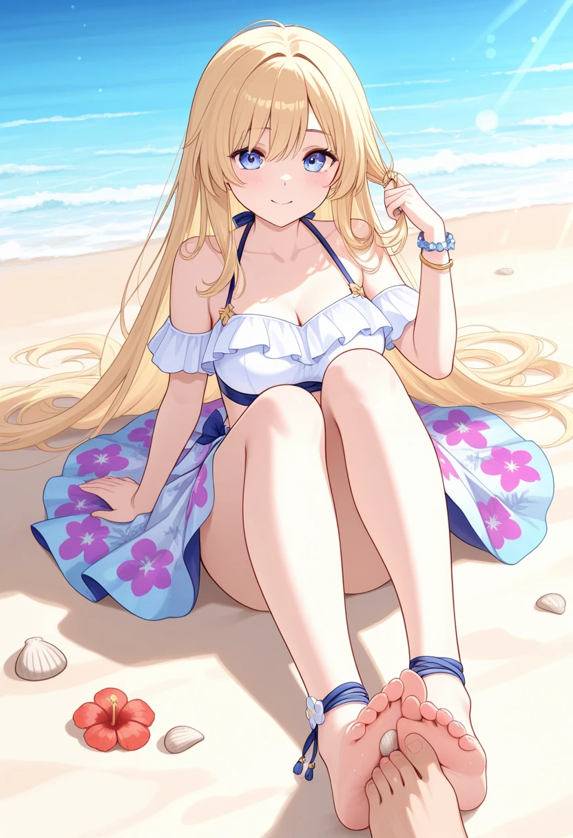 Fischl from genshin impact, lying on a beach chair in swimwear top with split skirt blue color , anime art, beach tress in background, hair on front shoulder