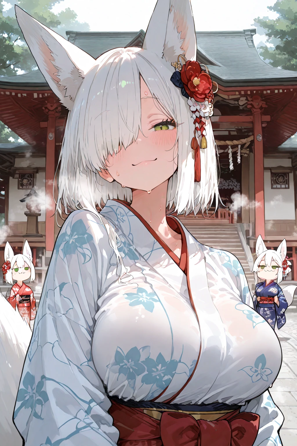 NSFW,masterpiece,Highest quality,High resolution,Super detailed,Shishirabotan\(Hololive\),Double Odango、flower、Side Lock、Lion's tail、White kimono、Off the shoulder、fur ornament、Black Hakama、Short skirt,Bad smile,blush,Shrine at night,torii,Sexy pose,(Seduce)