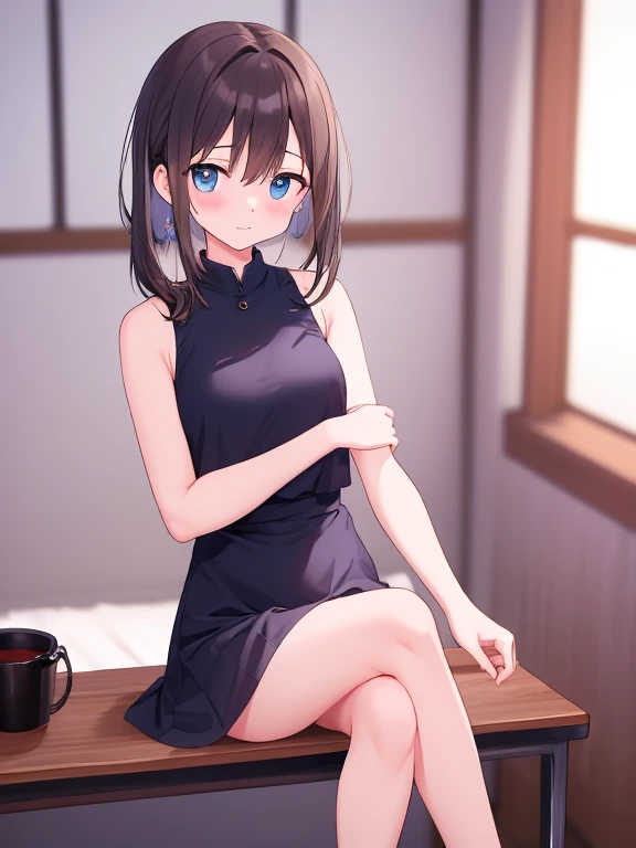 Black color hair,Double ponytail curls,blue color eyes,Black Lolita,dining room,Positive perspective,looking toward the viewer,face to the viewer,Full body photo:1.4,perfect hand,perfect body figure,with perfect legs,perfect foot,Black pantyhose,transparent pubic hair,leg wide open,squatt,No shoes,cleavage,Bigchest,Type M,knee hugging,Hold your legs,focus on the feet,Bend the knees,Knees,low chest,cropped shoulders,squatting pose