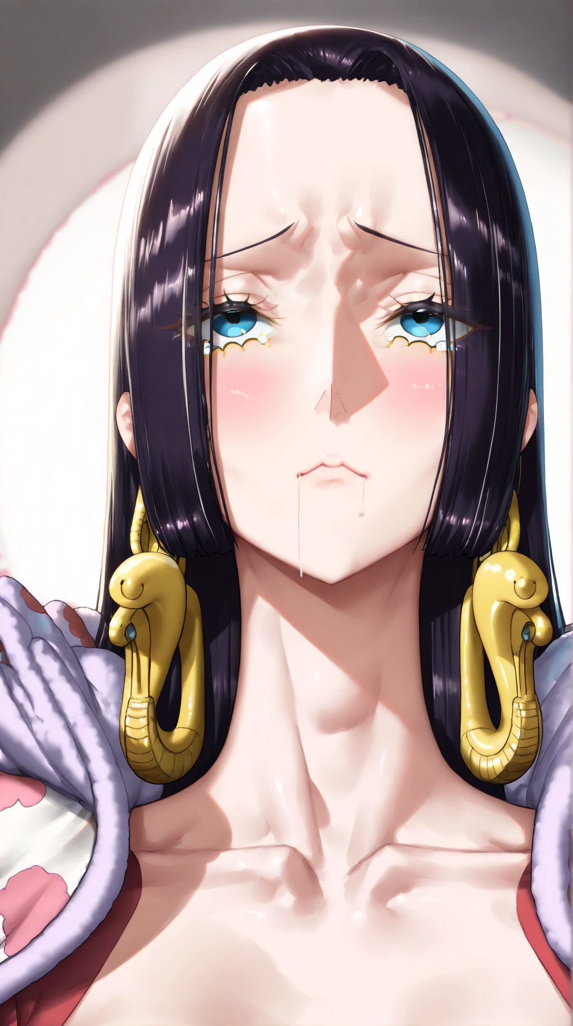 a cartoon drawing of a woman with a black face and a white top, hinata hyuga, digitally colored, in a mixed style of æon flux, nico robin, cel - shaded art style, junji ito's uzumaki, cell shaded adult animation, manga character, the piercing stare of yuki onna, colored screentone, high quality colored sketch and make nipples slip in clothes