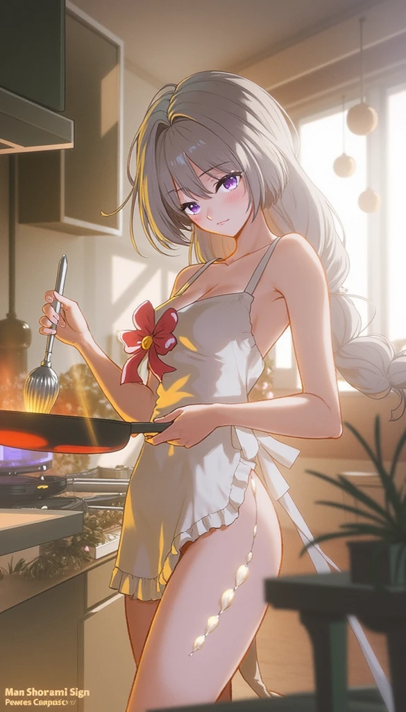 best quality, amazing quality, very aesthetic, absurdres, (1girl, mutsuki, blue archive, solo, red eyes, white hair, side ponytail), (realistic face:0.9),(off-shoulder dress:1.8),dress lift, (grin, blush, thigh:1.3), (cowboy shot), (glowing eyes:1.1), (half closed eyes:0.9), (from side:2),(official art:1.3), (kitchen), expressive eyes, perfect face, 4k, extremely detailed anime illustration, extremely detailed eyes, perfect anatomy, light rays, extremely delicate body, smooth skin, (school background:1.5), clear eyes, beautiful face, small breasts,(anime style:1.5), (Chiaroscuro:1.5), (highres:2), In the kitchen, brightly lit by the morning sun, a woman in a white apron is smiling at us. In her right hand is a handful of rice balls, and in her left is a small white plate filled with salt. Her smile is as if she is saying, "Look, it's almost ready.