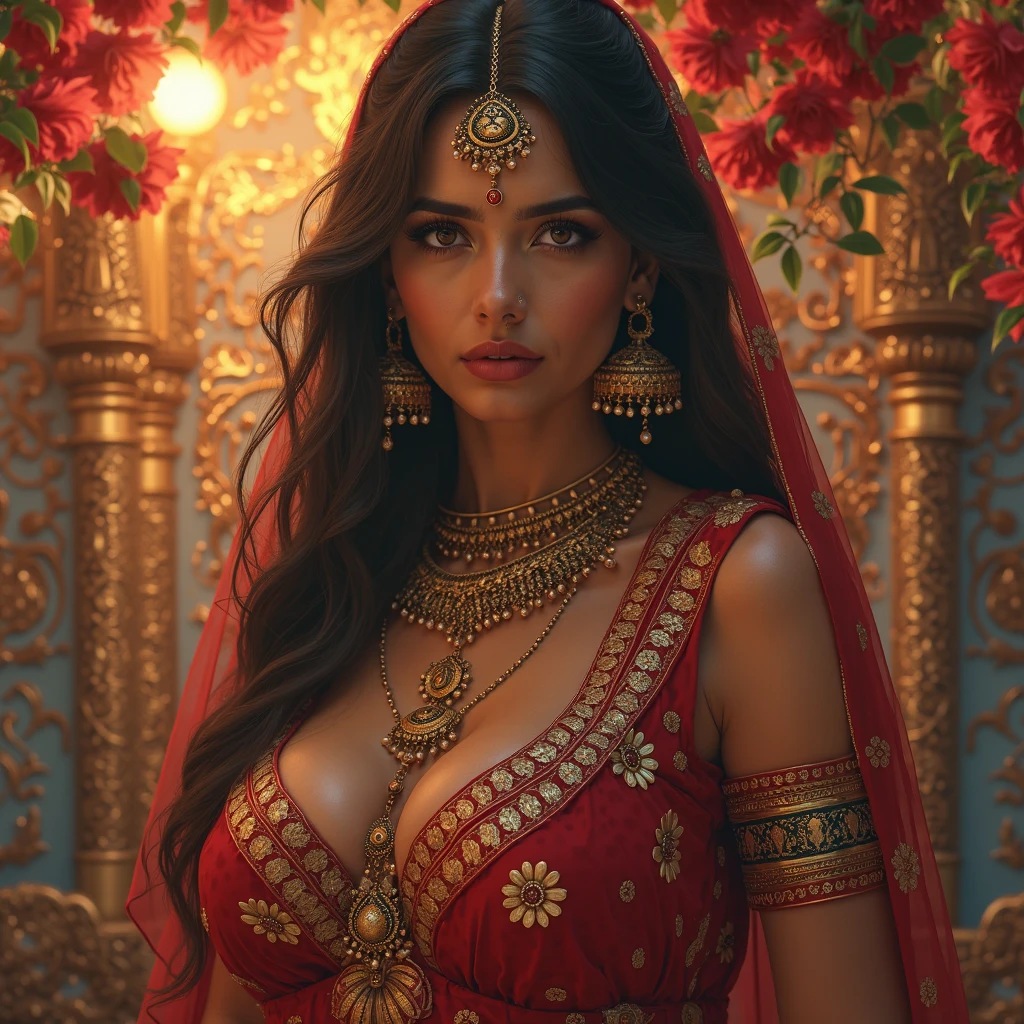 Front view , standing pose, ((Full-body, in Arabian decoration Sultan tent, floor Persian mat, lamp light), a Persian ancient girl, looking at viewer, exotic Persian girl is 20 years old, (Black hair ,long hair, Brown eye, (Her eyes were outlined with kohl:1.3) , little Lips, smile), ((Gorgeous head band with jewel)), (middle breasts, middle hip), (She wore a knee-length light red gorgeous design red gown adorned with intricate embroidery, complemented by light blue bangles and necklaces. A second, longer shawl covered her head and shoulders, Kaunakes ), (framing her face like a White see-through veil:1.3), ((Surrealism, UHD, retina, masterpiece, anatomically correct, accurate, textured skin, super detail, high details, high quality, best quality, 8k))
