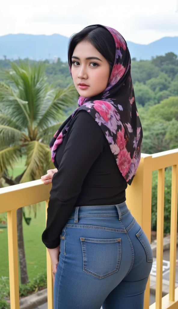 Malay girl wearing hijab, open button shirt, undersize lilac satin bra and (polkadot pattern), tight jeans, portrait photography, mid shot photo, ultra detail, professional photograph with professional lighting, smile, at the garden, outdoor background, curly hair, sexy seducing pose, curvy body, butt closed up angle