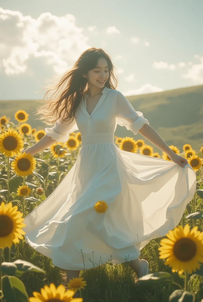 A woman wearing sheer gossamer stands under the towering sunflower tree, her gaze fixed on the intricate patterns of the branches above. The bright white sands beneath her feet seem to glow in the warm sunlight, while the endless blue sky stretches out above her. The scene is bathed in a golden light, as if the sun itself has bestowed its 24k blessing upon this tranquil moment.