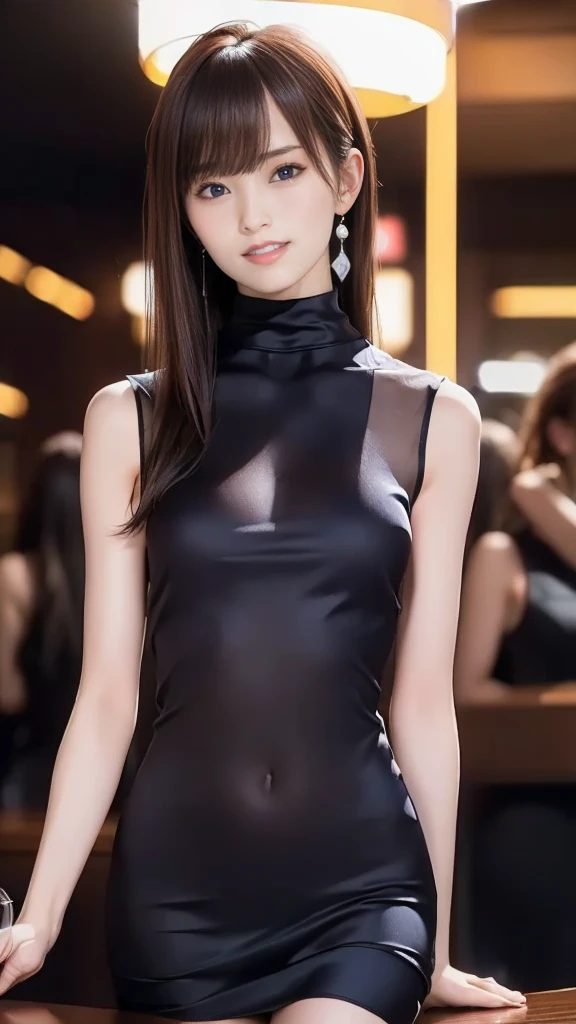 (masterpiece,Highest quality,Ultra-high resolution),Japanese women,Smiling, (((A very beautiful 2))),Big Breasts、Breast bag、((Black high-neck long dress in satin)),(Tight fit),No sleeve、Satin opera gloves、Satin knee-high socks、Satin has a very strong sheen、Place your arms behind your head