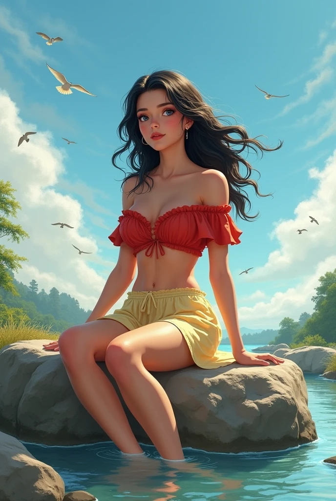 Crie uma imagem que destaque a beleza de Kassandra, personagem feminina do jogo 'Assassin's Creed', along with your eagle companion in a setting evocative of the game, nas belas praias de areias brancas, with pomegranate trees laden with fruits, ela aparece de corpo inteiro na beira da praia