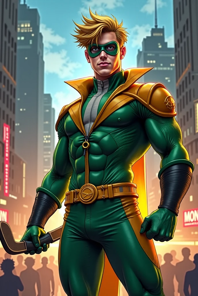 A super hero named Breakman with a green and yellow costume without cape and the sign Br at the middle of his chests, full body. He lives in the country side. His head is shaved and his skin a little browned. He is a comics chatacter.