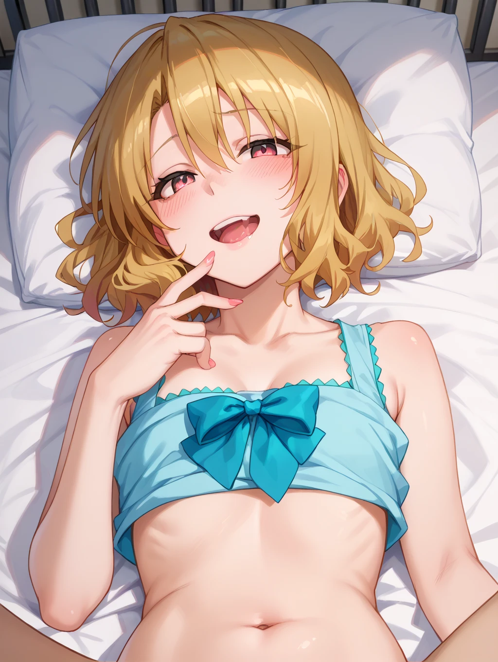 masterpiece, best quality, 1 girl, detailed beautiful face, short hair, waved hair, twintail, blonde hair, French braid, (floral pattern bra and panties), embarrassed, sweat, ((grabbing her own small breast)), lying on bed, hand in panties, masturbation, (squirting), orgasm, open mouth, drunken eyes, 10 years old, ((breast grabbing)), closed eyes, sigh