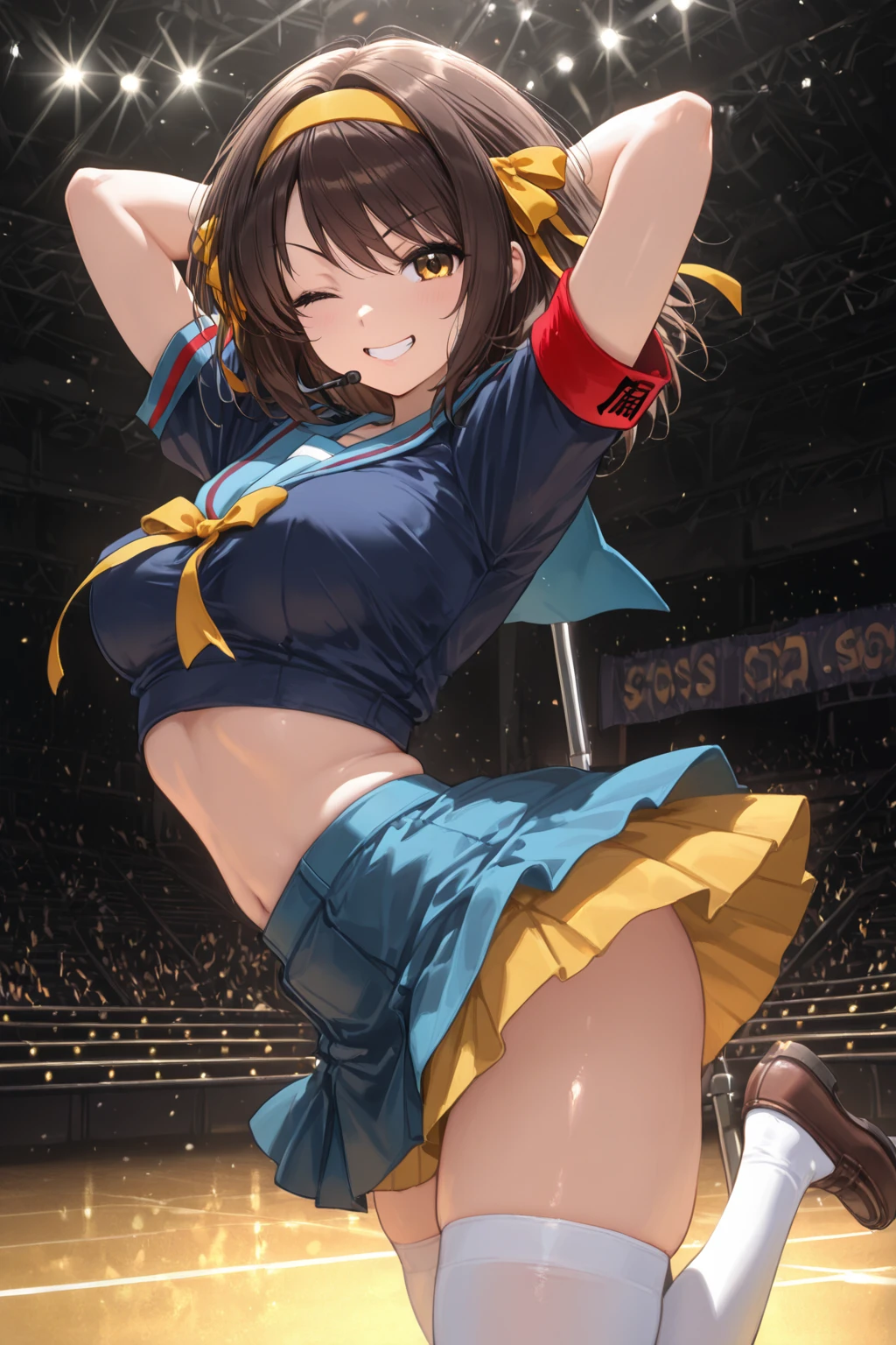 ((masutepiece、Highest quality、High resolution、nffsw、Perfect Pixel、4K、nffsw、nffsw)))、1 person、single、((solo:2.0))、Beauty、Full body view、Cheerleader、((Smooth texture:0.75、Realistic texture:0.65、Realistic:1.1、Anime CG Style))、(1 personのCheerleaderが屋外ステージに膝を着いて足を大きく広げている:2.0)、((Symmetrical eyes:2.0、Brown eyes、Slanted Eyes、Long eyelashes、Beautiful eyelashes、Realistic eyes、make))、 ((Detailed face、blush:2.0、I hate it:1.5、Are crying:1.0、Screaming:1.0))、 (Big breasts and sexy figure:1.2)、 Brown Hair、Shoulder-length hair、((Cheerleader衣装、Wearing a bikini top.0、Wearing a normal length skirt.0))、((View from below the stage:1.5))、((There are a lot of photographers around taking pictures.:1.5))、Focus on panties:1.5、Her skirt is rolled up and her panties are exposed:1.0、(Panties are completely exposed:1.5)、(Wearing wide panties:1.3)、(Wearing cute panties:1.3)、Wearing sneakers、((Large crowd:1.5))、Sunny daytime