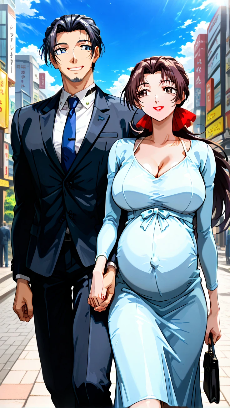 "a man with big pink hair in a suit and braids with a pregnant woman, brunette with black hair"