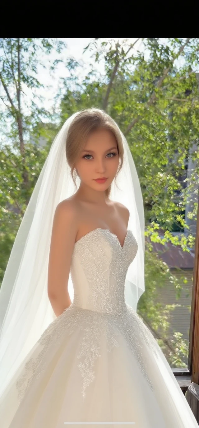 ((Highest quality))、((Very detailed))、(Huge breasts:1.4)、(Wide Hips:1.2)、20-year-old、(Detailed eyes:1.3)、Beautiful body lines、(Random gravure idol poses)、Platinum Blonde Hair、(flower wedding dress:1.4)、garden、wedding
