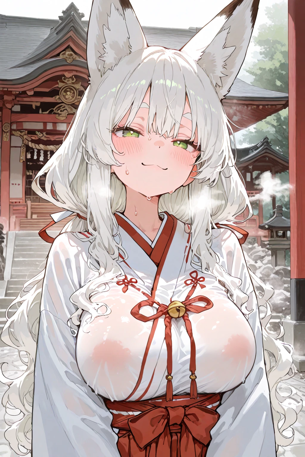 score_9, score_8_superior,Shrine at night、breast enhancement、looking at the camera、One Woman,Are standing, Very long hair、Grey Hair、Red Eyes、Pointed Ears、Hide cleavage,  very thick legs、smile、Fascinating face、kimono、yukata