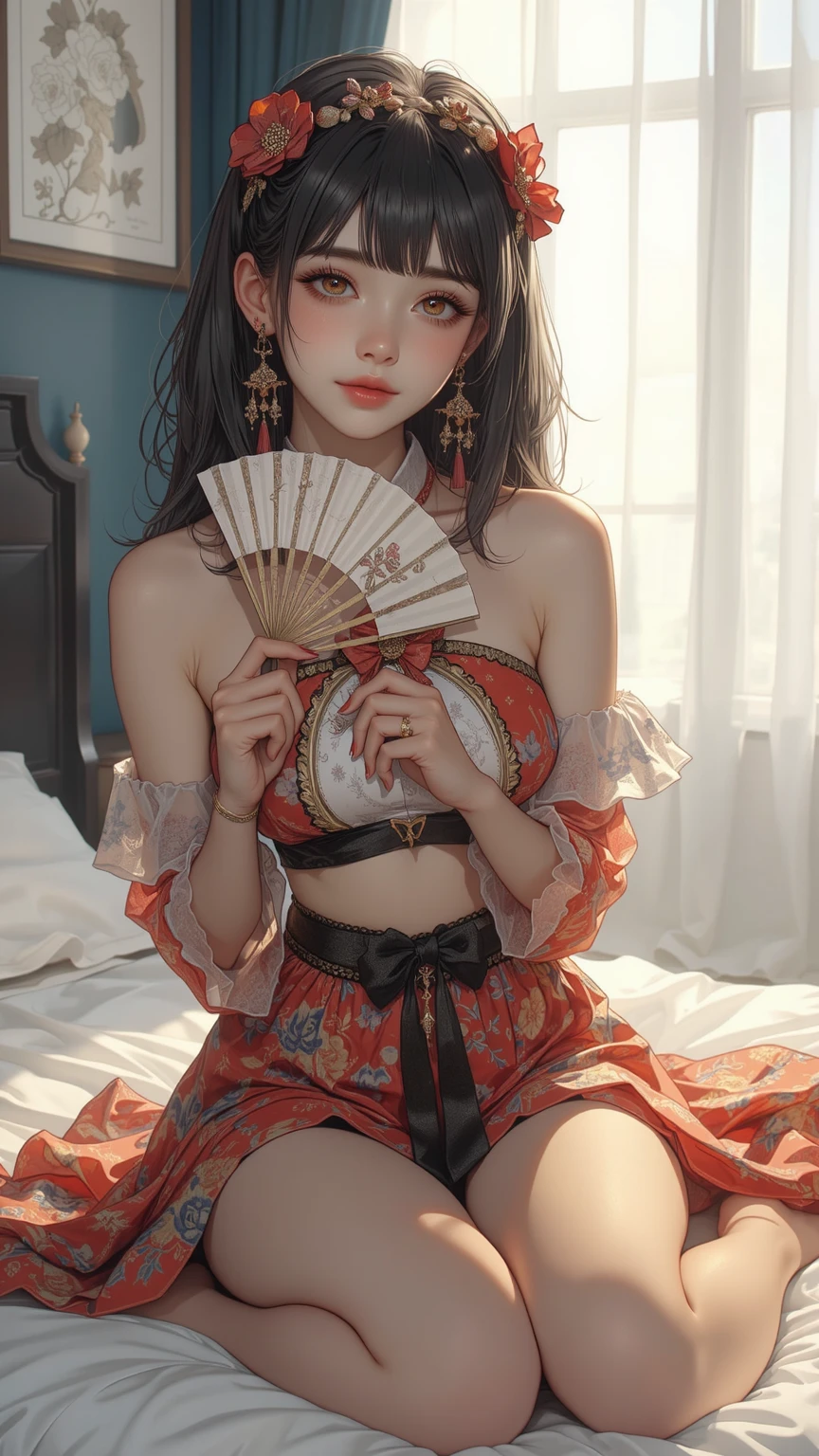 brown hair，ponytail，red headdress，red eyes，Detailed and meticulous eyes