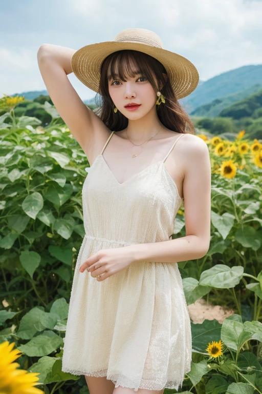 sunflower sunflower畑 White dress Straw hat youth summer Emotional