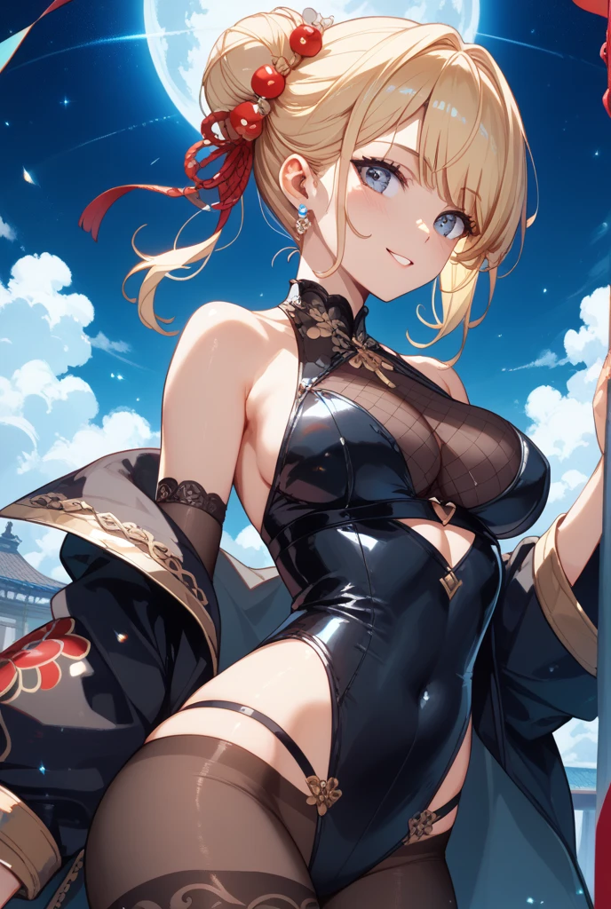 best quality, masterpiece, highres,Beautiful Anime Woman, Beautiful art style, Anime characters, alice_margatroid_touhou,blonde_hair, short_hair, hairband, blue_eyes, capelet, 1 girl, looking_at_viewer, thin waisted girl,beautiful detailed eyes,beautiful detailed lips,extremely detailed eyes and face,long eyelashes,naked,Heart Shaped Cutout, China Dress,cinched waist,slim figure,beautiful flowing hair,outdoors,night,cinematic lighting,dramatic lighting,extremely detailed CG unity 16k, very fine 16KCG wallpapers,smile,happy,blush