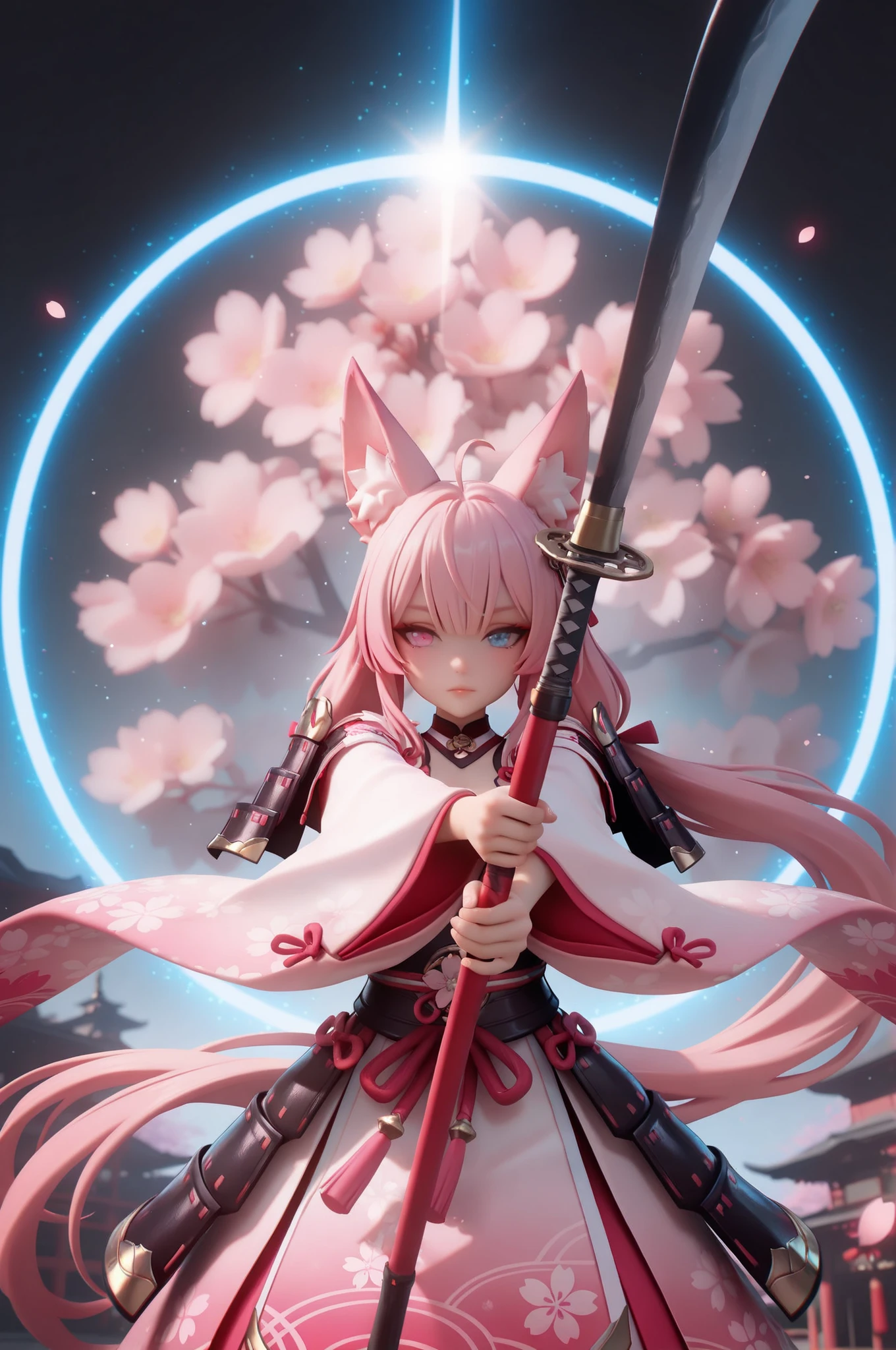 (masterpiece, best quality), amazing quality, very aesthetic, newest, hyper-detailed, solo, front view, 1girl, pink hair, long hair, silky hair, ahoge, low twintail, fox ears, heterochromia, holding weapon, naginata, japanese polearm, two-handed, japanese armor, armored dress, wide sleeves, cherry blossom, dynamic pose, (fantasy), light particles, depth of fields