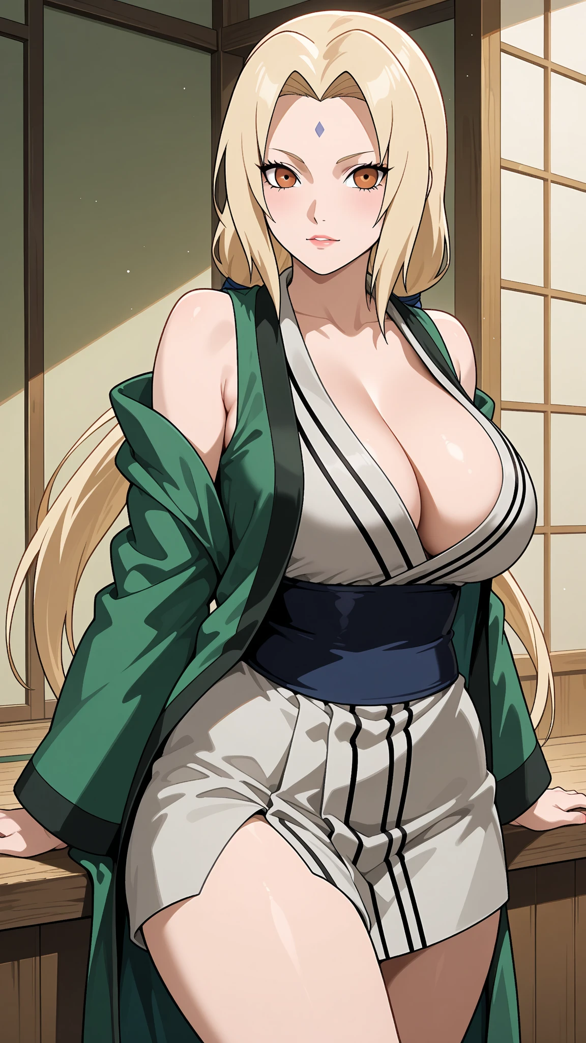 8K,masterpiece, bset quality,Colossal tits:1.2、(1girl in、blondehair,T5un4D3、Tsunade、Green kimono、Obi、jaket,Golden Eyes、cleavage of the breast、A refreshing smile、red blush),Professional Lighting、(shinny skin:1.4、Shiny big)、 ((top-quality))、 Crisp focus:1.2、Highly detailed facial and skin texture、A detailed eye、face perfect、perfect bodies、art by、nffsw、Blur the background、(Big breasts with a strong presence、20yr old,Mature cool and beautiful face)、(Naruto、Konohagakure no Sato、Ninja House、firelight,frombelow)、red blush、randome pose、Fluttering hair、((which are full of confidence))