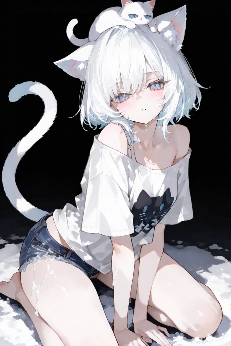 furry,kemono,anthro,
cat,giant oversized fluffy cat ears,cat tail, white fur, sharp white eyes, white messy hair, slim, twink, femboy, handsome, 
black cat collar, black cropped off the shoulder shirt, black denim shorts, black thigh high socks, 
alone, best quality, 4K, UHD, masterpiece, kneeling on bed at night, looking up at viewer, submissive, 