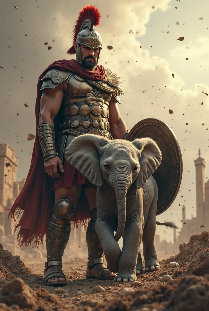 God of lightning, muscular body, serious and defiant look. Brown eyes, white and red clothes, with a bull behind