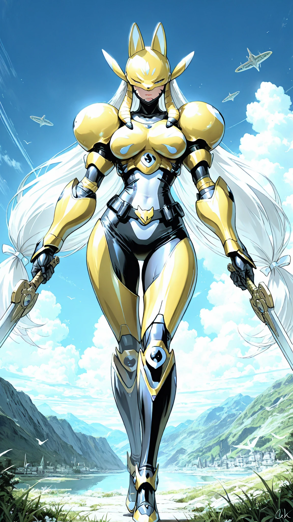 1woman, masterpiece,best quality, masterpiece, high detail,detailed face,detailed eyes,rendered eyes,perfect eyes,hip lines,ambient occlusion,crisp image,detailed,amazing,8k,8k wallpaper,8k background,high detailed skin,high res, ((female shot)), (running), megazord, mecha, (sitting in megazord cockpit) ((solo)), (gold chrome female Power Ranger), (((silver chrome armor, gold chrome Fox helmet, gold chrome bodysuit, white belt, black eyes, white gloves))), (((white boots))), silver chrome armor, white gloves, silver chrome bodysuit, vambraces, photo-realistic, ultra-realistic, unreal engine,