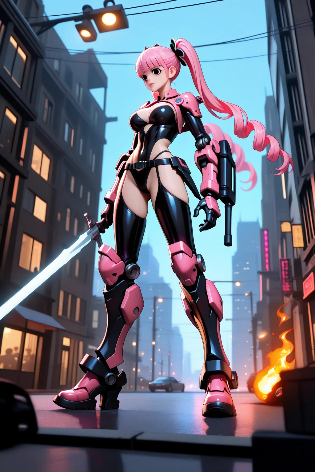 anime style, pink hair, (short bangs hair:1.36), wide hips, slim hourglass figure, narrow waist, depth of field, 1girl, (neon starry girl next door:1.3), (on a   background:1.3), (full body:1.4), pose, [:intricate, formal costume design:0.2], muscular, zettai ryouikia, big breasts, wide hips, athletic thicc perfect hourglass figure,skindentation, ((armor, thigh cutout:1.3):1.2), (dark skin:0.6)