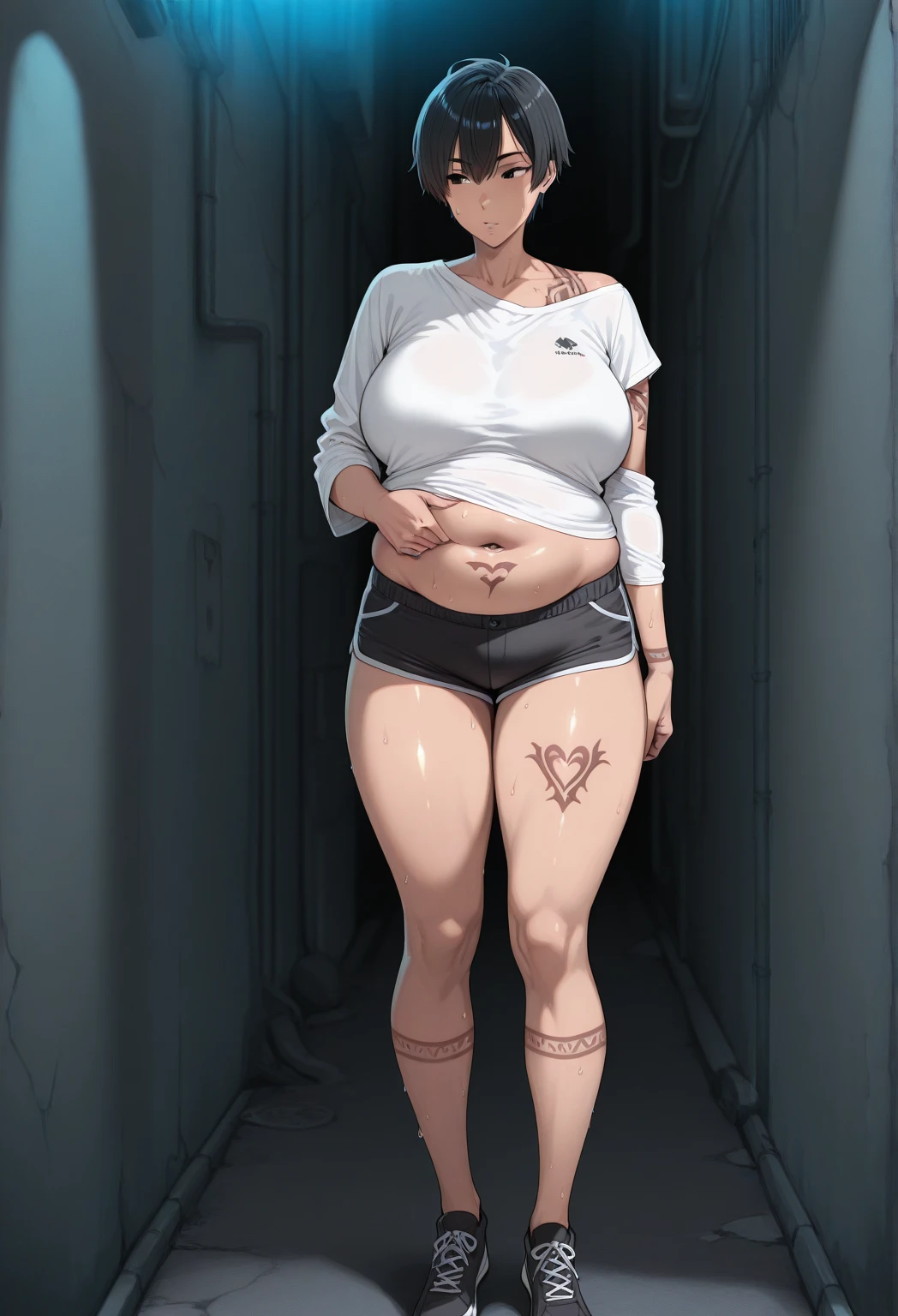 ((masterpiece)),(((best quality))),((character design sheet)), ((full body view)) illustration,Catalogue of sex slaves,1girl, thick thighs, ((detailed face:1.4)) Just the right kind of 14-year-old japanese sunburn kuro Gyaru for promiscuous sex friend, rough sketches, between breasts,big breasts,vaginal secretions,wearing an short apron without any clothes on and Chain of sex slaves,hair accessories,seductive grin smug,solid color backdrop, clean backdrop,