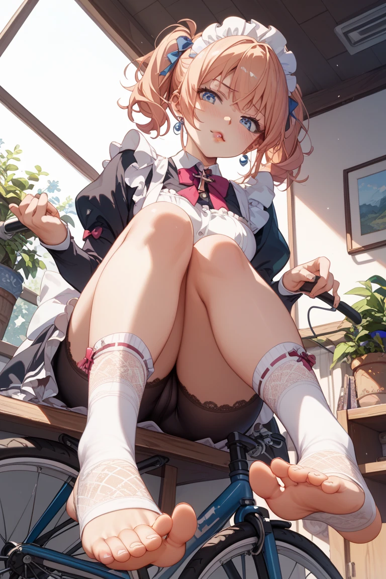 solo, 1girl, 4k, ,Lens flare, pink hair , 4k, 8k, best quality, masterpiece, hyper detailed, intricate detail, 1boy, 1 girl, detailed, Detailed fuchsia hair ++, detailed pink eyes ++, raytracing, scene girl, scene outfit, streaky hair, long hair, twin tails, huge breasts, tattoos, hairclips, scene hairclips, sparkles, twin tails , tiny waist, tiny waist, bimbo, evil smirk, thighs, panties, perfect hands, perfect fingers, holding phone, taking picture, perfect feet, white socks, perfect feet in white socks