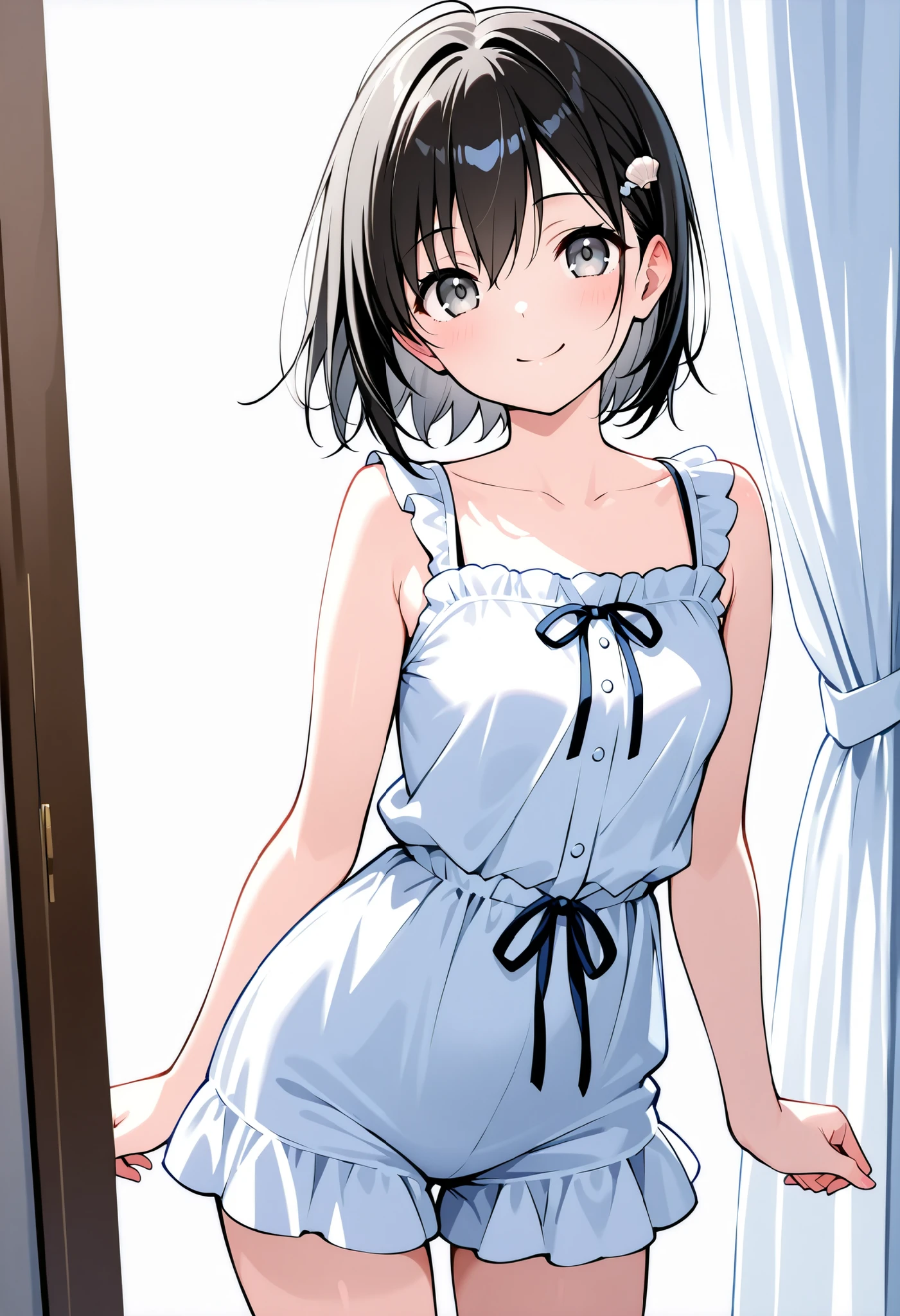 ((masterpiece,Highest quality:1.3,best quality illustration)),cowboy shot,独奏,1woman,18 year old beautiful girl、black hair,short bob hair,(center parted bangs),black eyes,(gorgeous eyes),shy,smile,((Slender,skinny)),tan skin,small breasts,(White short-sleeved shirt with collar、red bowtie,Navy blue pleated mini skirt),gleaming skin,oily skin,Slender body, Simple bedroom、Tokyo、
