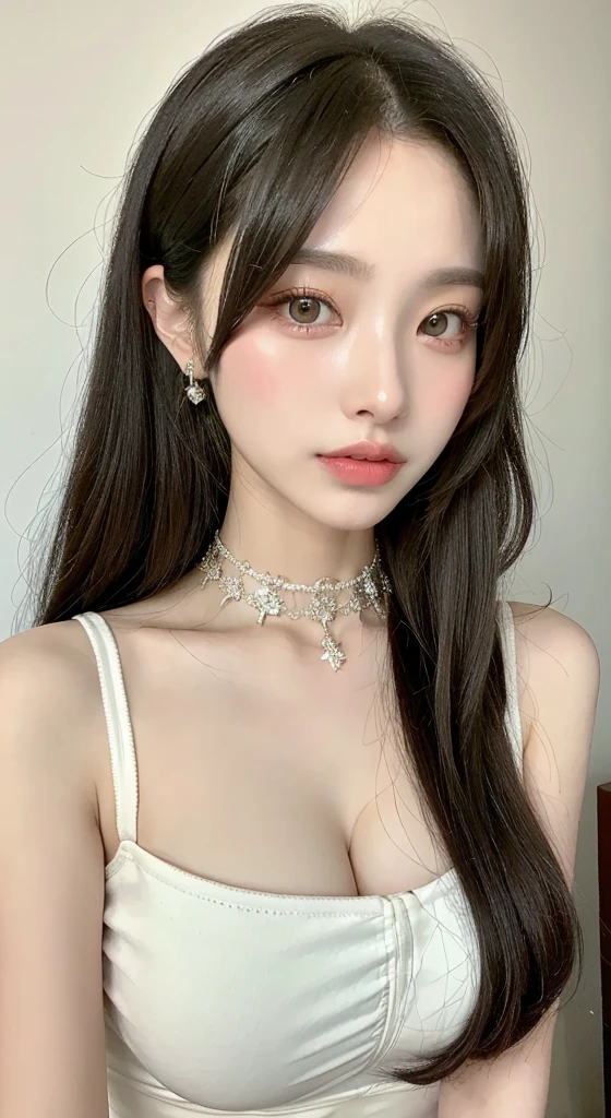 perfect figure beautiful woman：1.4，Layered Hair Style，Protruding cleavage：1.2，Wear only bandeau：1.5，Highly Detailed Face and Skin Textur，二重まぶた，Whiten the skin，long whitr hair，Collar