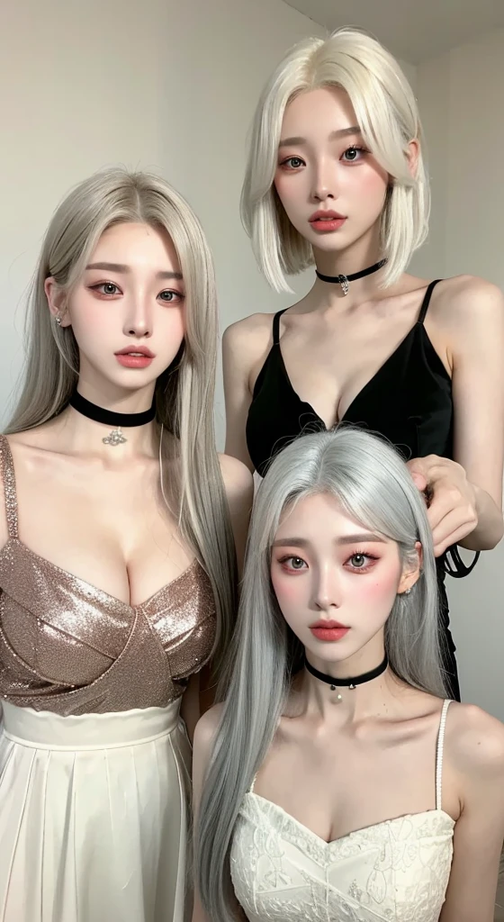 ((blank background)),(((Two girls))),(One is a 22-year-old long blonde hair.),(One is an 24 year-old long grey hair，plump figure.),(Face stained:1.3),(Huge Breasts),Back hug,cheeks and cheeks,((They all look at the audience.)),small areola,open your mouth,Narrow your eyes,kiss,from above,(((Their eyes are full of provocation))),The two are lovers,Beautiful eyes reflect light,Hair reflects light and sparkles,photo shoot