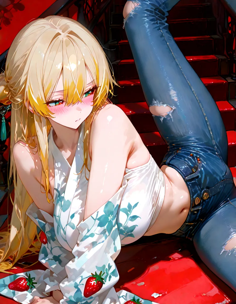 girl, blonde hair, bottomless, pussy, no panties, sweat, sweatdrop, wet clothes, white shirt, midriff, pussy juice, squirting, pussy juice puddle, pussy juice string, bare legs, slim, full body, barefoot, thigh strap, orgasm, small breasts, sitting on a chair, tied, tied to a chair, beautiful background, school rooftop, sunset, hands behing back, blindfolded, spread legs, dripping water, spilled water, water, wet, puddle
