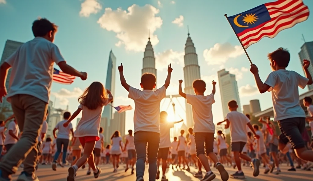 a young boy and girl holding miniature malaysia flags, tilf shift photography, all people running quickly, one person standing still in the center, detailed faces, highly detailed, 8k, photorealistic, vibrant colors, dramatic lighting, cinematic composition
