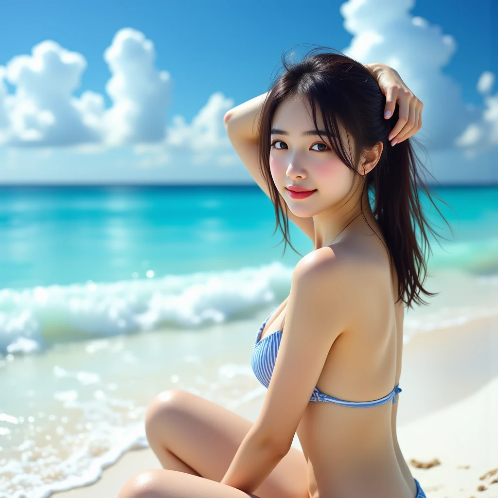 One lady、((best qualtiy、8k masterpieces:1.3))、foco nítido:1.2、(ultra beautiful faces:1.0)、(shinny skin:1.0)、photos realistic、A dark-haired、Video Lighting、High-definition eyes and face、Video Lighting、(Korean Cute Actress)、from the front side、medium breasts、(ssmile:1.2)、Sleeveless、Slender Abs Beauty、Whole body、swim wears、On the beach in the early morning