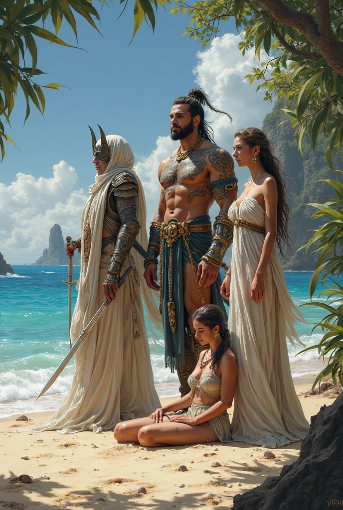 Atlantes, an ancient and sophisticated civilization known for its exceptional wisdom, Advanced knowledge of magic and deep connection to the ocean. They are a gracious and proud people, com orelhas alongadas, olhos vibrantes refletindo as cores do mar, and exquisitely designed tattoos symbolizing his family lineage and magical prowess. Guerreiros