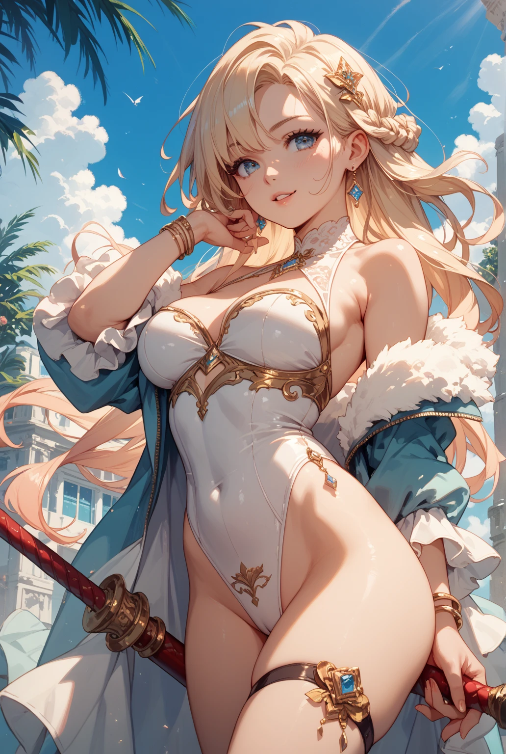 Beautiful beautiful girl, Androideighteen, ((off the shoulders)) updo hair, clevage, full body, split up to pelvis, cerr blossoms, bright sunny day, ecchi anime, frills and ribbons, gold jewelry