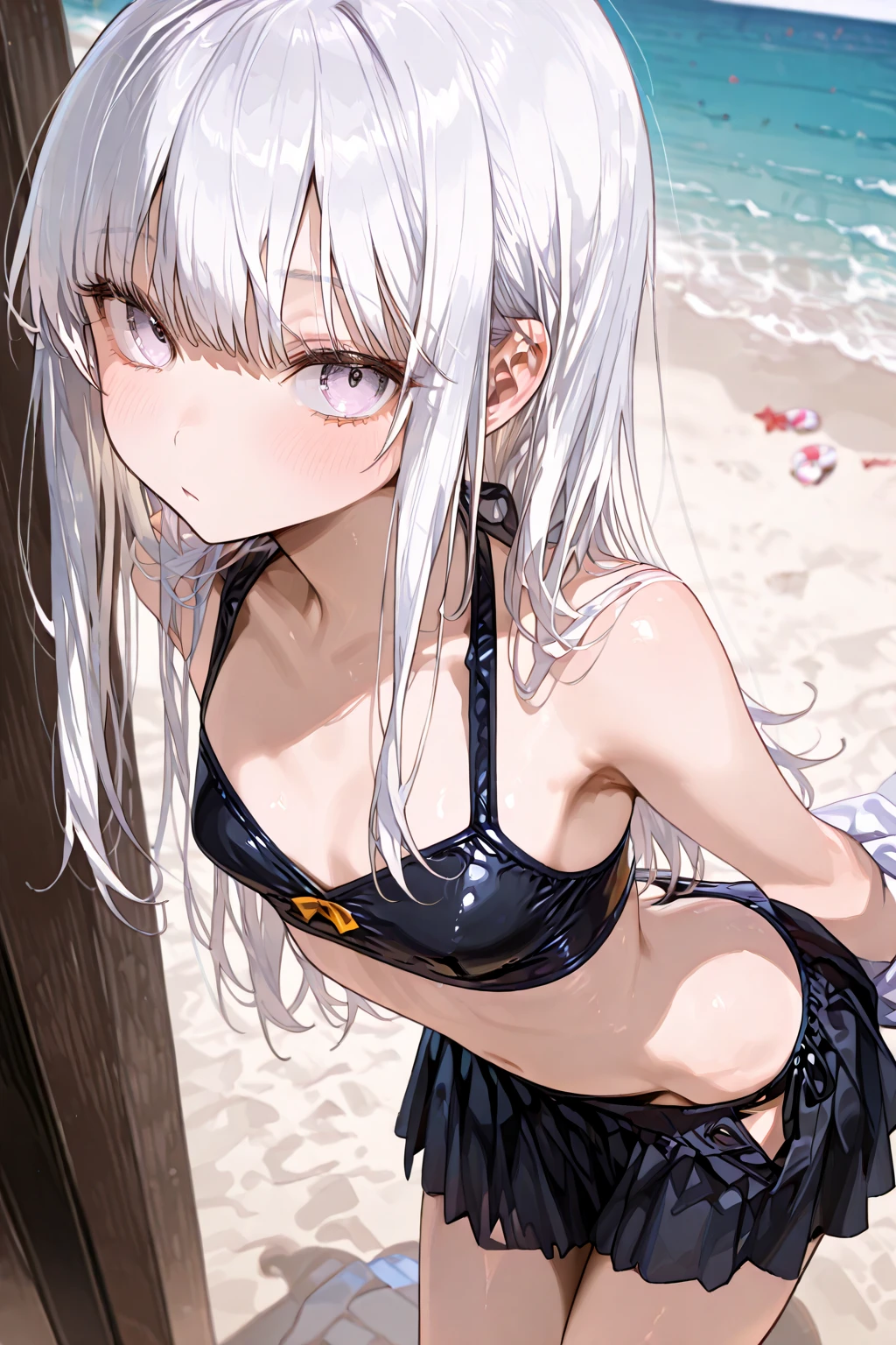 A girl with white hair, pink eyes, a little big breasts while wearing a swimsuit