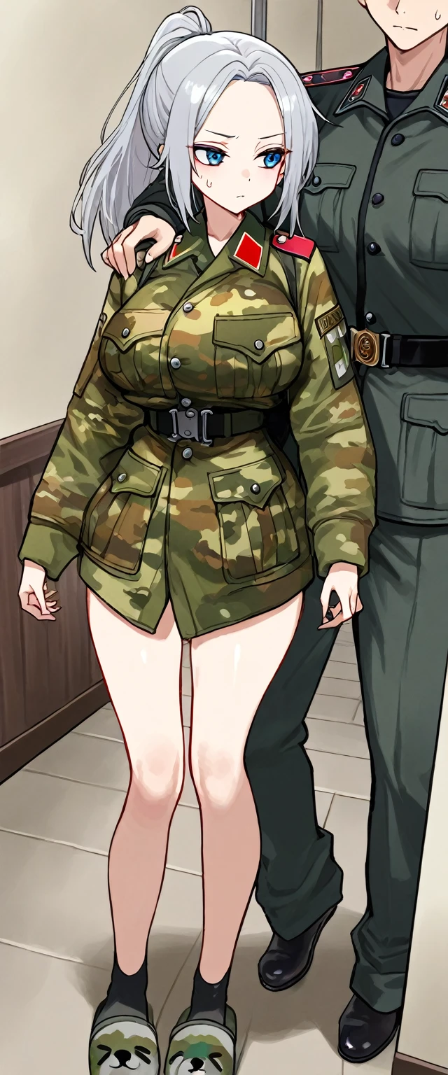1girl, makima, Chainsow Man, eye patch, solo, big breasts, hair, gloves, eyes, underwear, hand on hip, high thin micro panties, hat, ponytail, navel, thick thighs, high leg, gloves black, jacket, thick thighs, very_high_legged panties, big_breasts, big_breasts, looking_at_the_viewer, cropped_top, hallway_bottom, military_uniform, military, green_jacket, Art Stilo Resident Evil Village