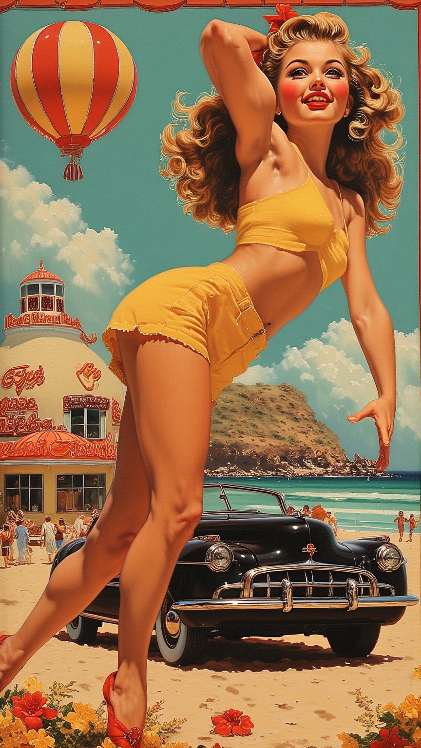 Pulp vibes, gouche and pastel textures , paint, realistic, masterwork, set in the 1940s. Depict a kinda of messy, side swept, ginger hair, modern beauty standards beautiful muscular italian woman holding a shiny bitcoin, hook nose, short-medium black hair, wearing bikini , ,white background,