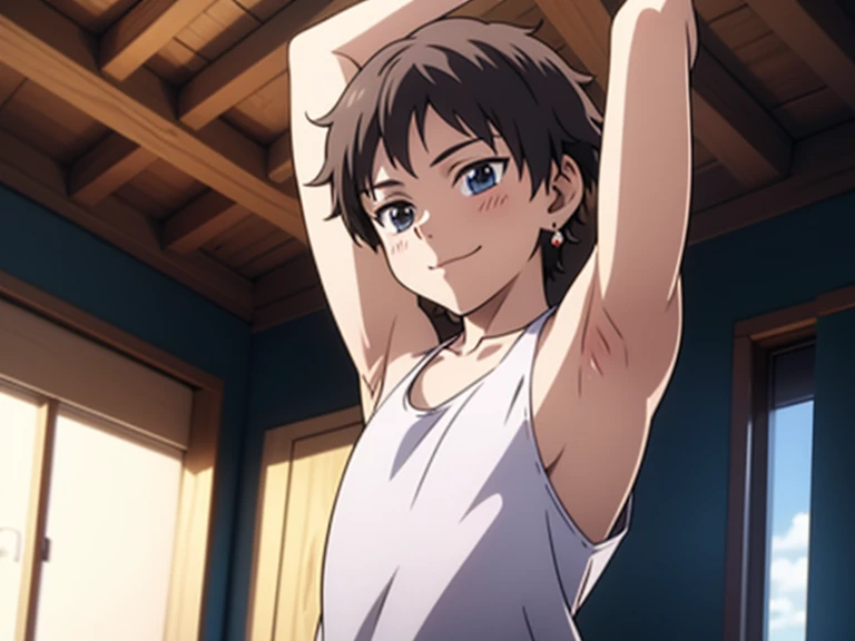 Highres, Masterpiece, Best quality at best,Best Quality,hight quality, hight detailed, 1boy, Boy, Young boy, Shota, Fluffy hair, Side bangs, Solo person, Sleeveless hoodie, Croptop, Navel, Choker, Glove, Arm cover, Belt, Collarbone, Depth of field, Anime screencap style, thin line, Seductive pose, open mouth,Seen from the front, Little sweat, Kpop, Cute boy, Slim body, (Showing armpit:1.3), (very small and short stature), (very young boy), 12-year-old boys, Simple beckground, bokeh, Uhd