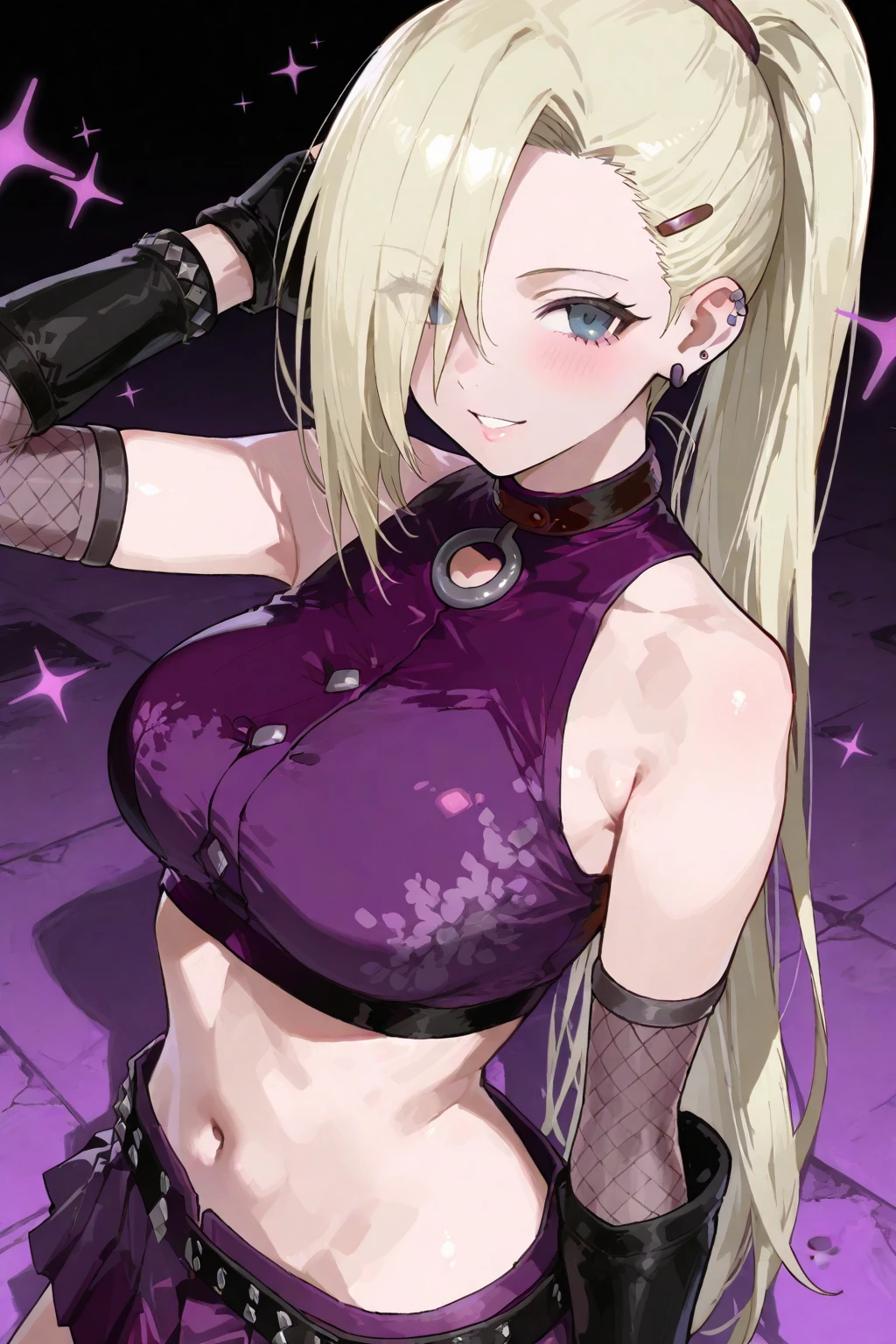 An anime-style artwork depicting acheron from the game Honkai star rail.
Tags: acheronhsr, anime, detailed eyes, detailed lips, black crop top, black turtleneck, black pencil skirt, bare shoulders, smiling expression, intense gaze, glowing emblem on hand, dynamic pose, mystical background, vibrant colors, digital art, high-resolution, professional quality, gigantic breasts, (underboob : 1.4), curvy, cowboy shot, (gigantic breasts: 1.4), (purple eyes: 1.4), (light copper blonde hair: 1.6), short hair