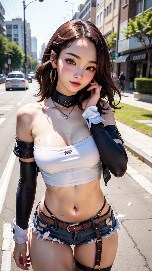gwen tennyson,tracer,y'shtola rhul,yorha 2b,overwatch,nier automata,mecha pilot,shopping center,tattoos,orange and pink plugsuit,white short sleeve lycra top,white micro cargo shorts,garter belt,uncovered belly,short hair,punk makeup,green eyes,multicolored silver hair,sexy smile,freckles,beautiful girl,large breasts,8k,ultra detailed, realistic,fantasy art,skater uniform,ear piercings,tracer suit,saiyan girl,pink short sleeve sport hoodie,pompom beanie,graffiti wall art,walking,small purse,gothic necklace,underboob,