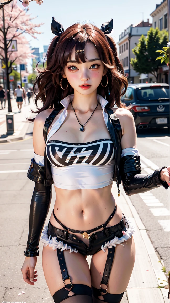 Masterpiece, best quality, extremely detailed artwork, award winning, retina, soft light, sharp focus. (((solo))), (cowboy shot:1.5),
nicole demara
tube top, single thighhigh, short shorts, cropped jacket, belt boots, hair ribbon, hairclip, earrings, single sock, high belt, thigh strap, detached sleeves, doll, black collar, smile, looking at viewer, outdoors, street, cherry blossoms, petals, open legs, embarrased, blushing, standing
Huge breasts, Turned, erotic and provocative, (EMPTY STREET)
FULL BODY SHOT, ultra wide angle, smooth perfect skin, smooth_skin, face detail, clean skin, perfect hands, perfect anatomy, anatomically correct,
(realistic city background:1.2)