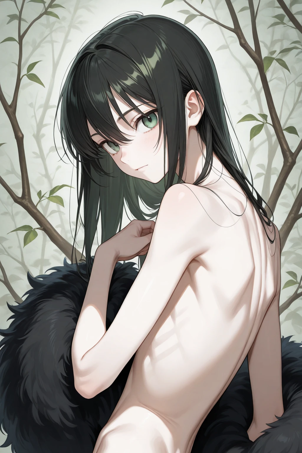 (masterpiece, best quality), tomoko-kuroki, 1girl, hair over one eye, green eyes, long hair, looking at viewer, american shot, armpits, hairy armpits, pubic hair, lots of pubic hair, sexy, sweat, small breasts, flat chest, creepy smile, sultry, shy, (she is topless), (she is bottomless), completely_naked, (nsfw), steam, detailed_nipples, (she is completely naked), naked, profile, profile shot, (she has hairy armpits)